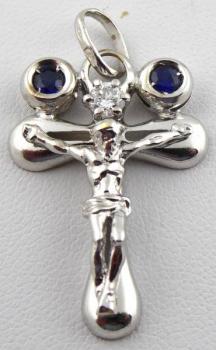 Kreuz aus Weißgold mit Diamant und gepaarten blaue